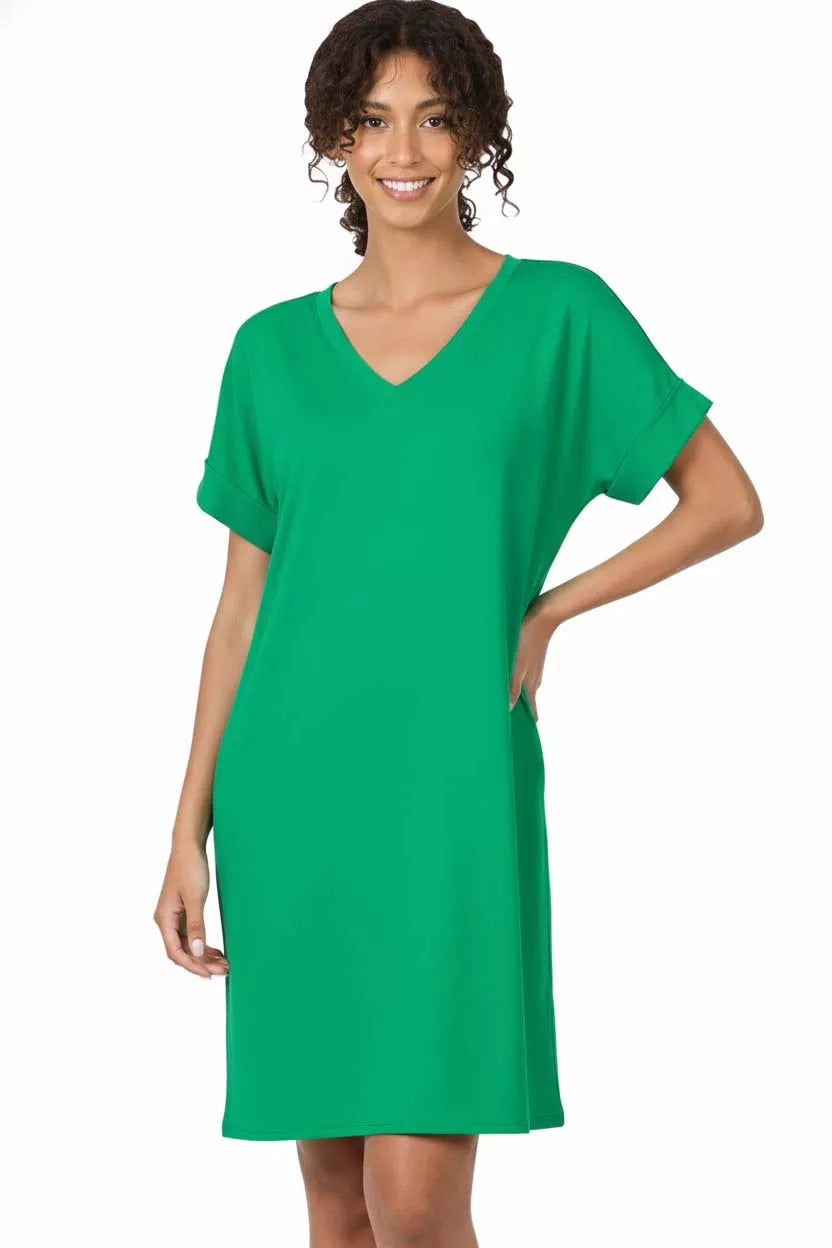 Sarah Express Women's Brushed Dty Rolled Short Sleeve V-Neck Dress