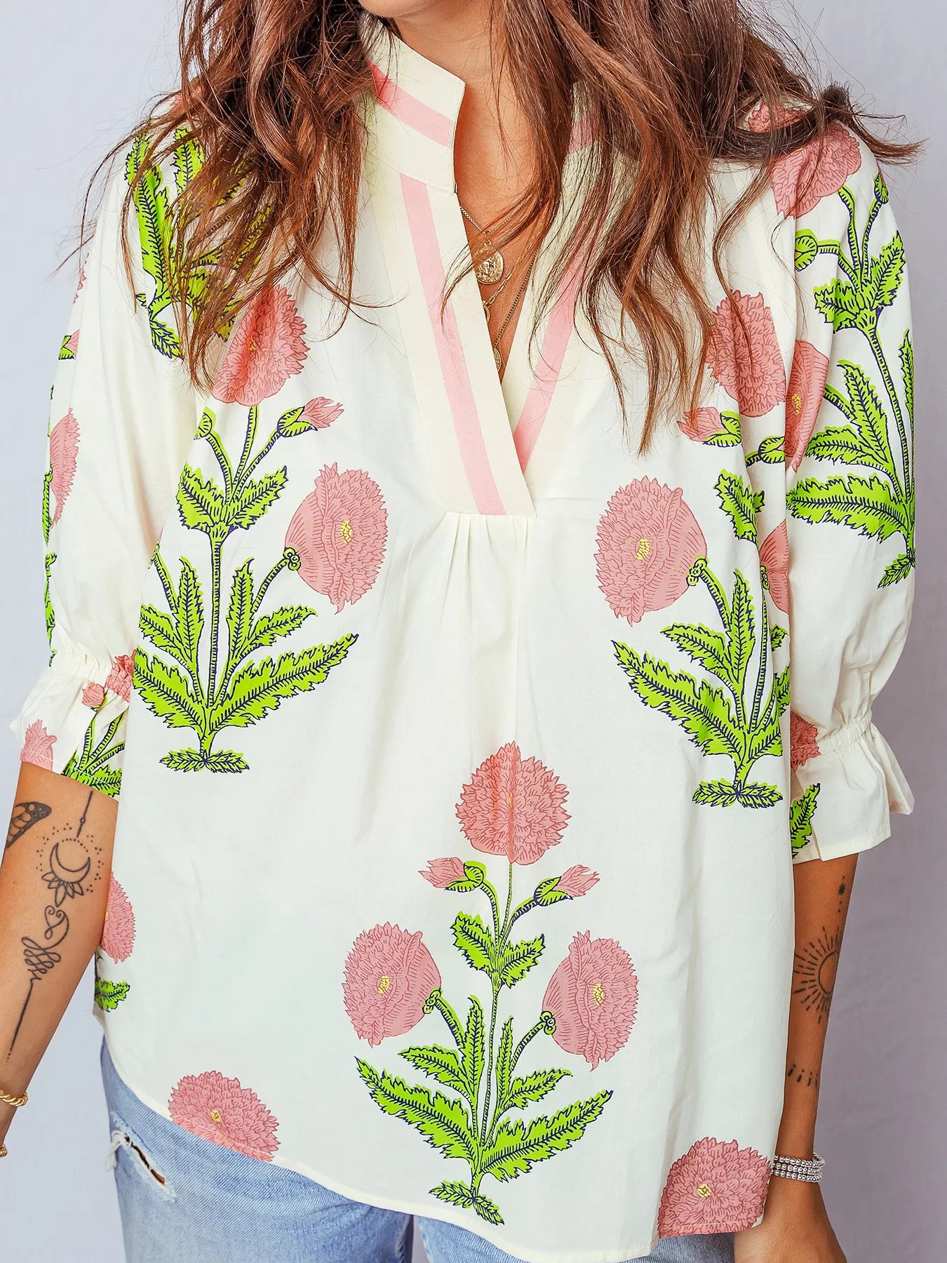 Sarah Express Women's Floral Print 3/4 Sleeve Blouse - Casual Cotton Blend Top