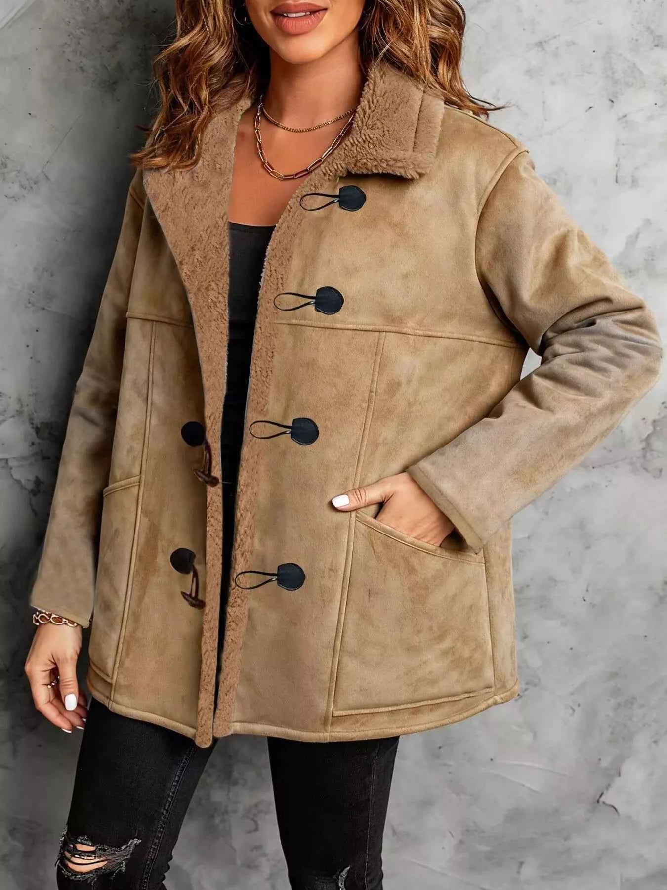 Sarah Express Women's Faux Suede Sherpa Lined Toggle Coat - Warm Winter Outerwear