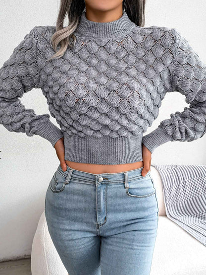 Sarah Express Women's 3D Diamond Knit Long Sleeve Cropped Sweater