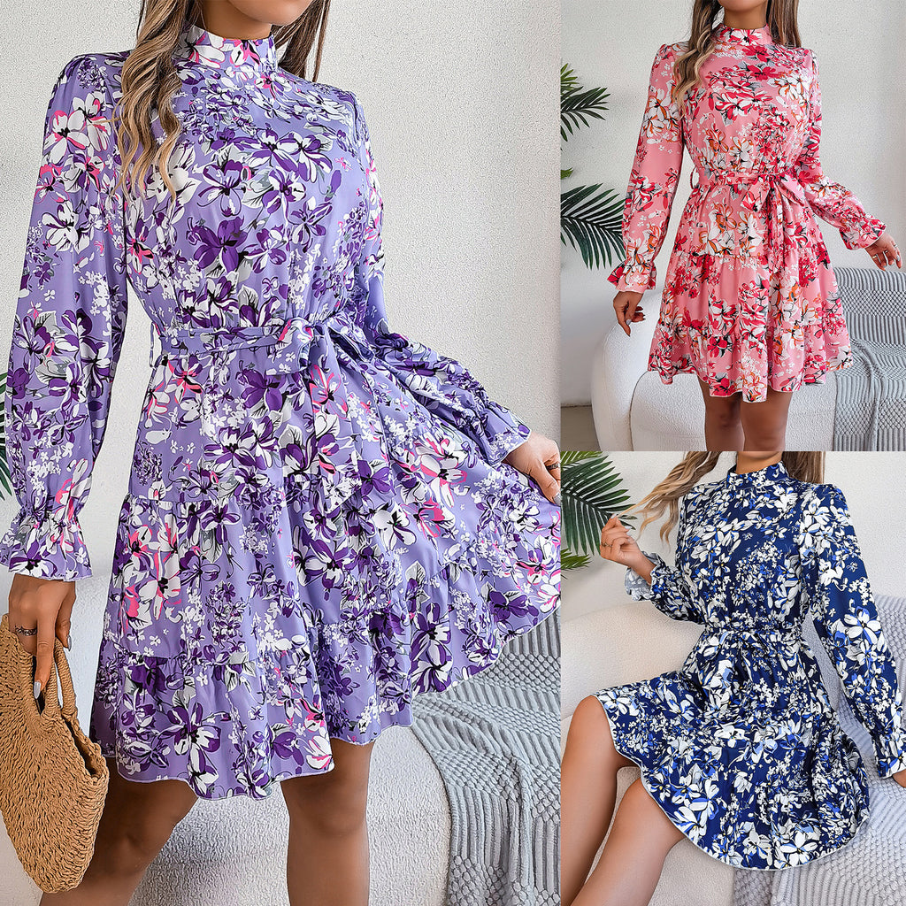 Women's Floral Print A-Line Dress - Standing Collar Long Sleeve Ruffle Dress