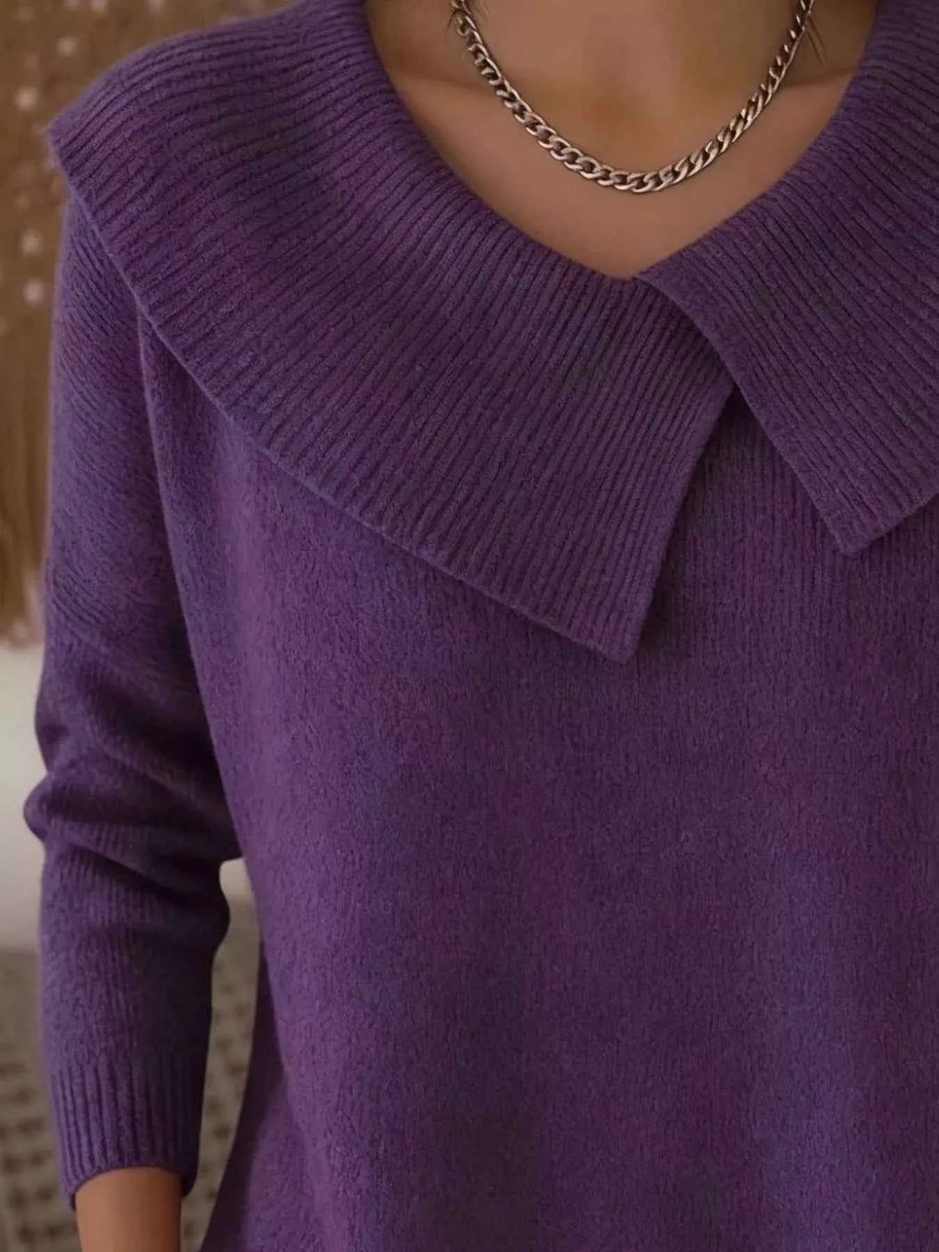 Sarah Express Women's Plus Size Solid Color Ribbed Hem Sweater - Casual Knitwear Top Purple