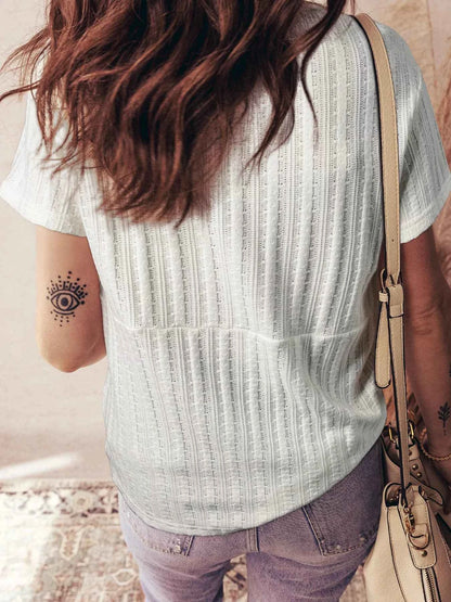 Sarah Express Women's Textured Button V-Neck Henley Tee - Casual Short Sleeve Top