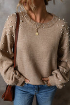 Sarah Express Women's Pearl Detail Round Neck Sweater Long Sleeve Elegant Fall Winter Casual Work