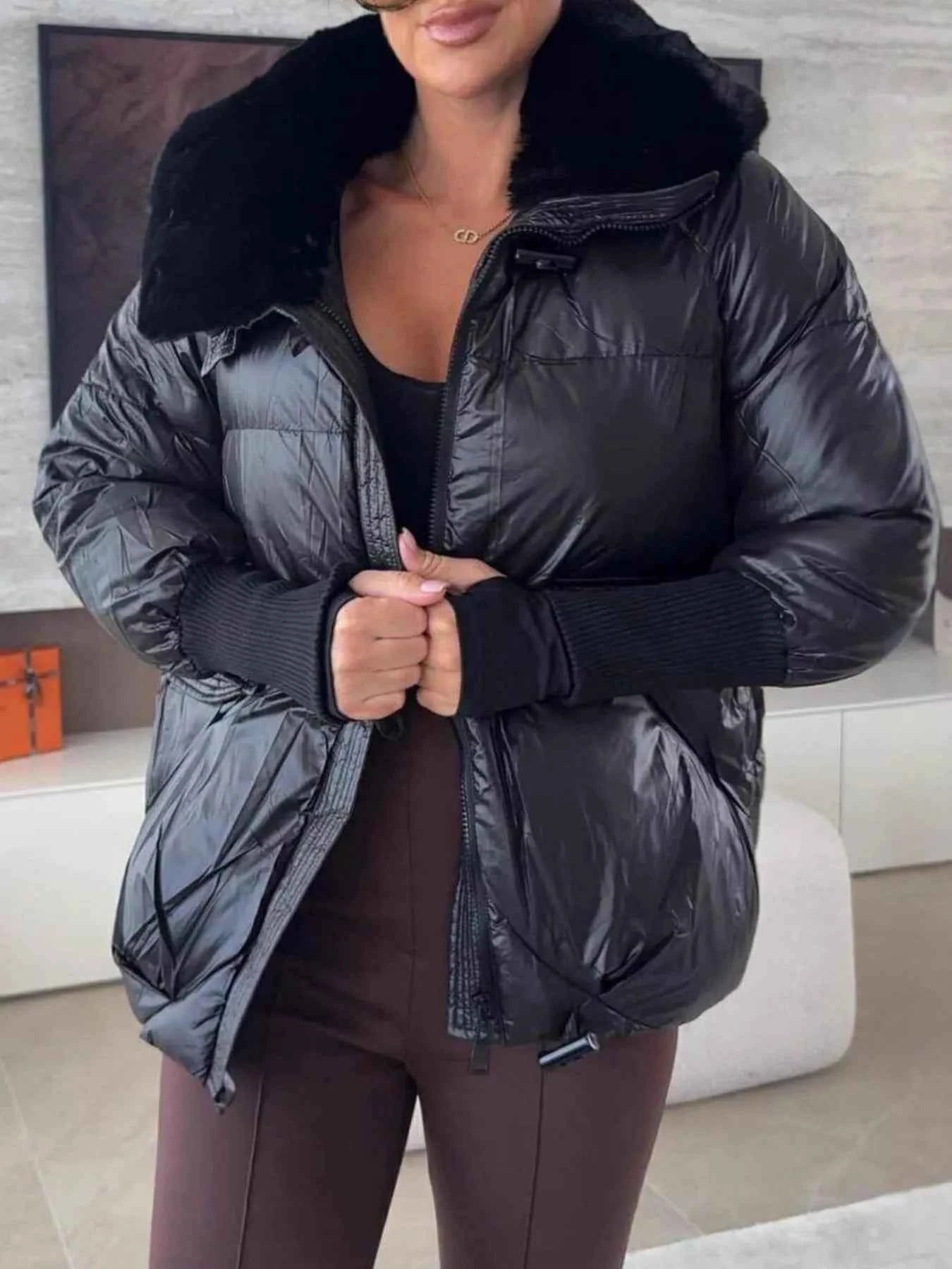 Sarah Express Women's Fur Collar Padded Puffer Jacket - Warm Winter Coat with Zipper Pockets