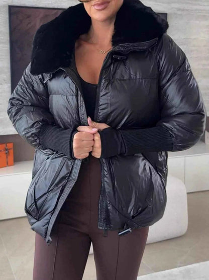 Sarah Express Women's Fur Collar Padded Puffer Jacket - Warm Winter Coat with Zipper Pockets