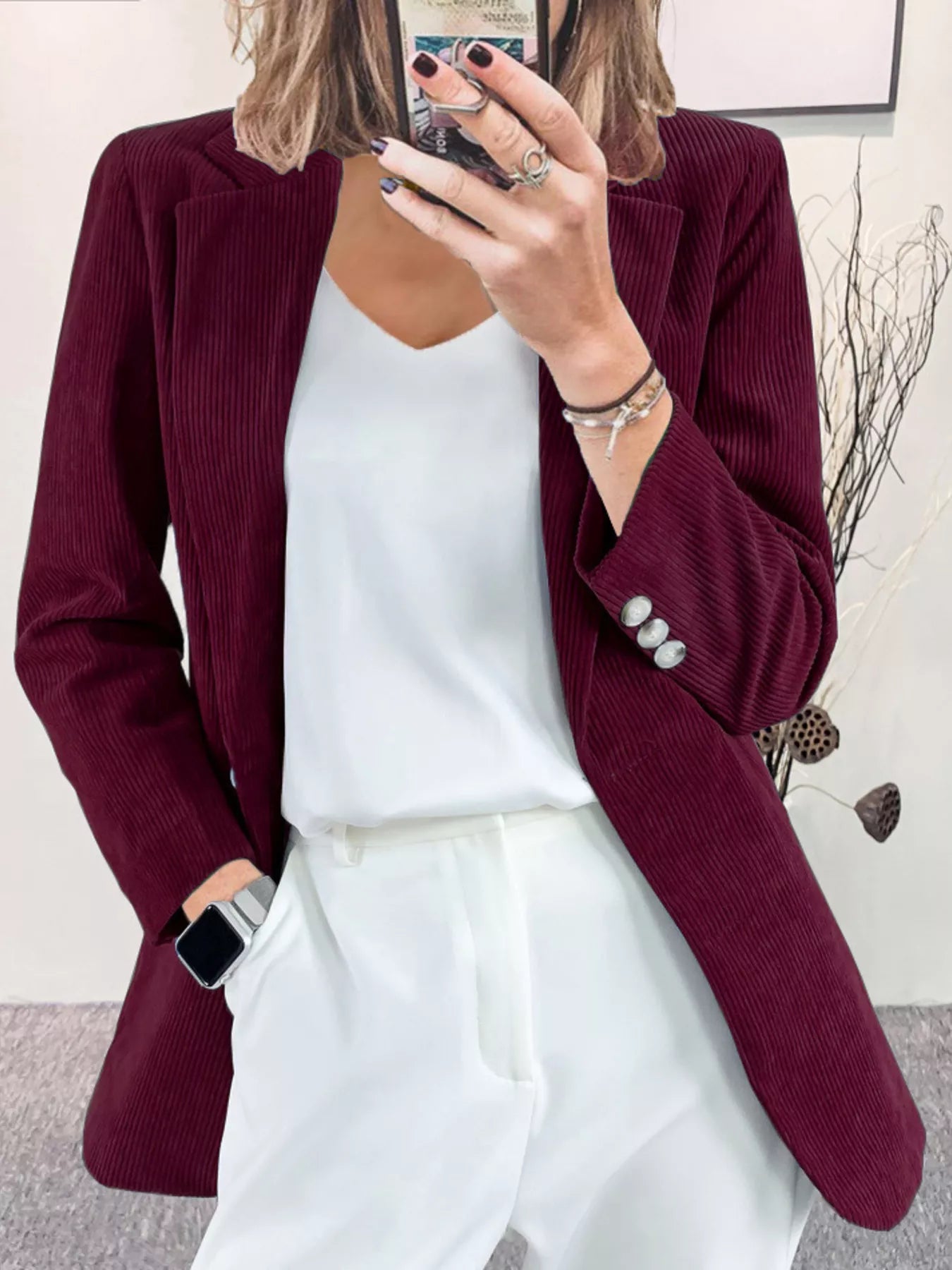 Sarah Express Women's Corduroy Blazer Plus Size - Lapel Collar Casual Jacket Burgundy