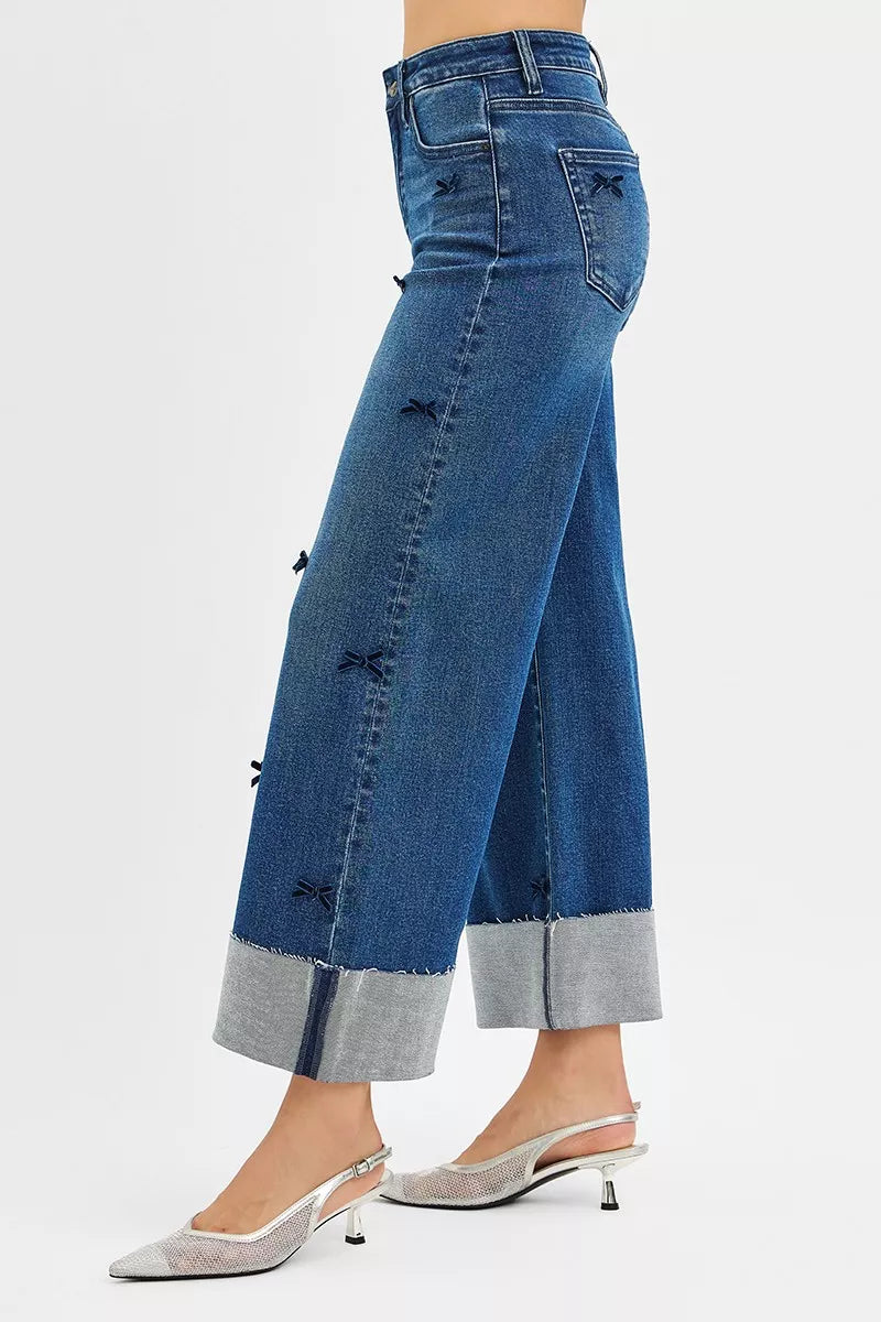 Sarah Express Women’s High Rise Crop Wide Leg Jeans with Ribbon Detail
