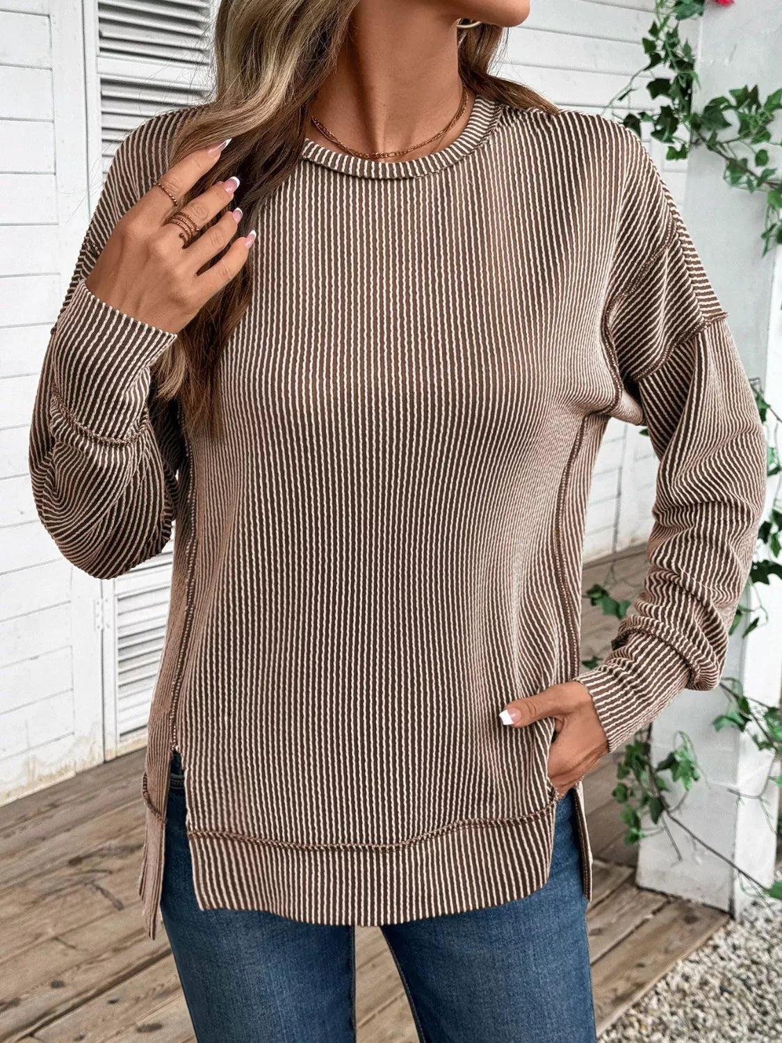 Sarah Express Women's Side Slit Round Neck Sweatshirt