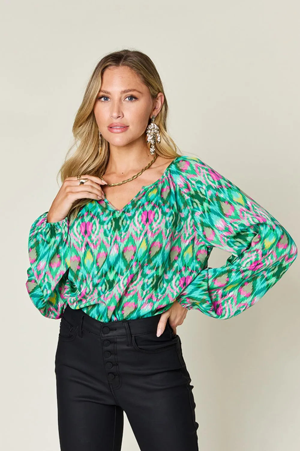 Sarah Express Women's Printed Balloon Sleeve Blouse Green