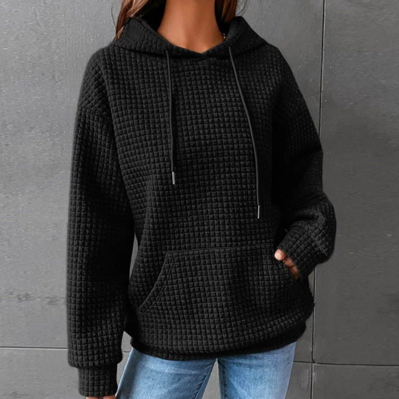 Sarah Express Women's Solid Color Hoodie Long Sleeve Plaid Pocket Pullover Sweatshirt Casual