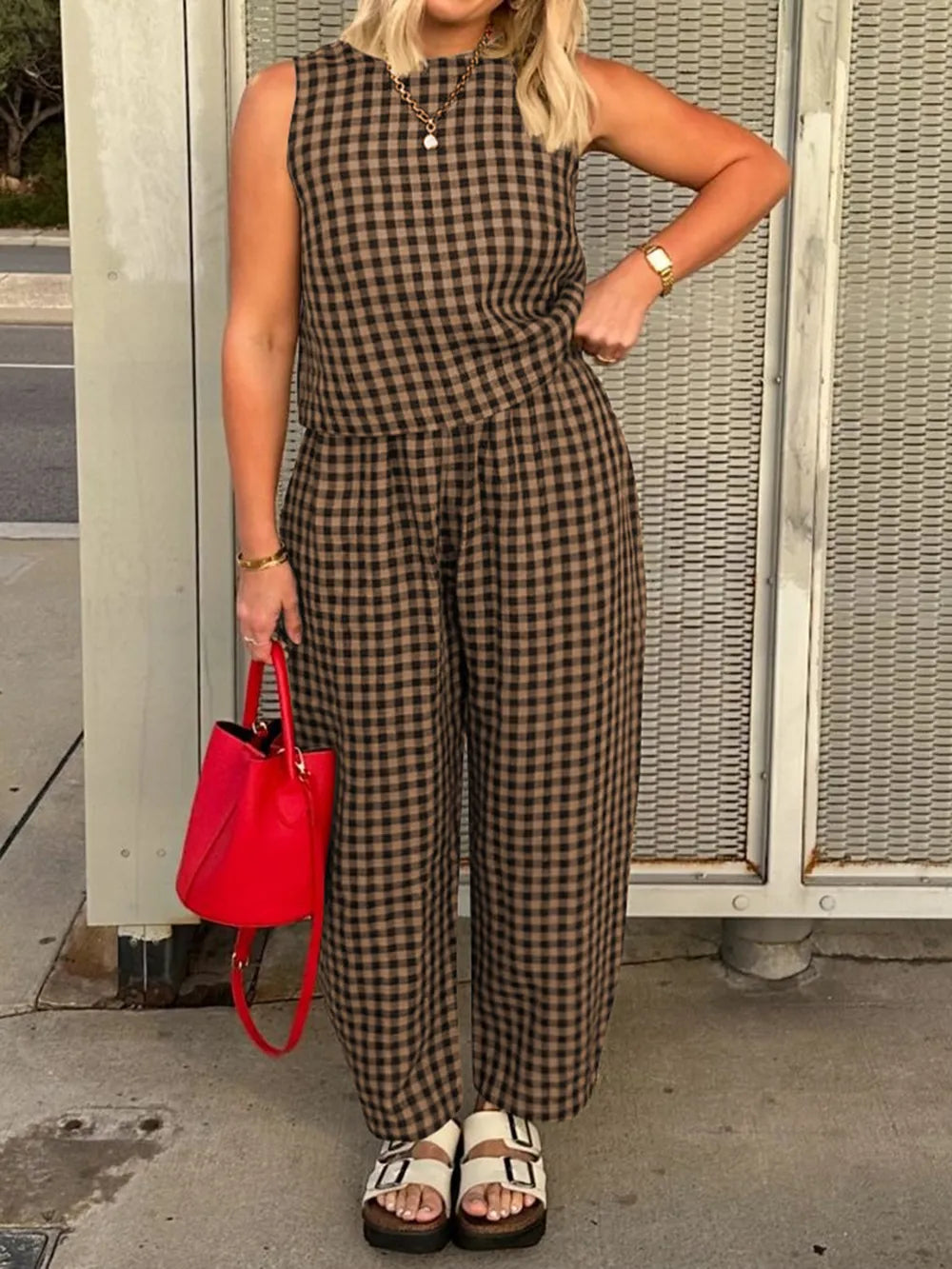 Sarah Express Women's Plaid Round Neck Sleeveless Top and Pants Set Caramel