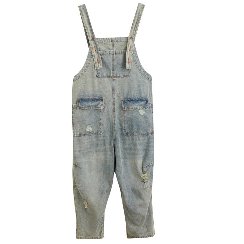 Sarah Express Ripped Denim Overalls Women Retro Light Wash Cotton Summer