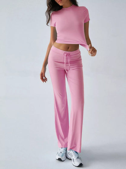 Sarah Express Women's Mock Neck Short Sleeve Top and Pants Set Blush Pink