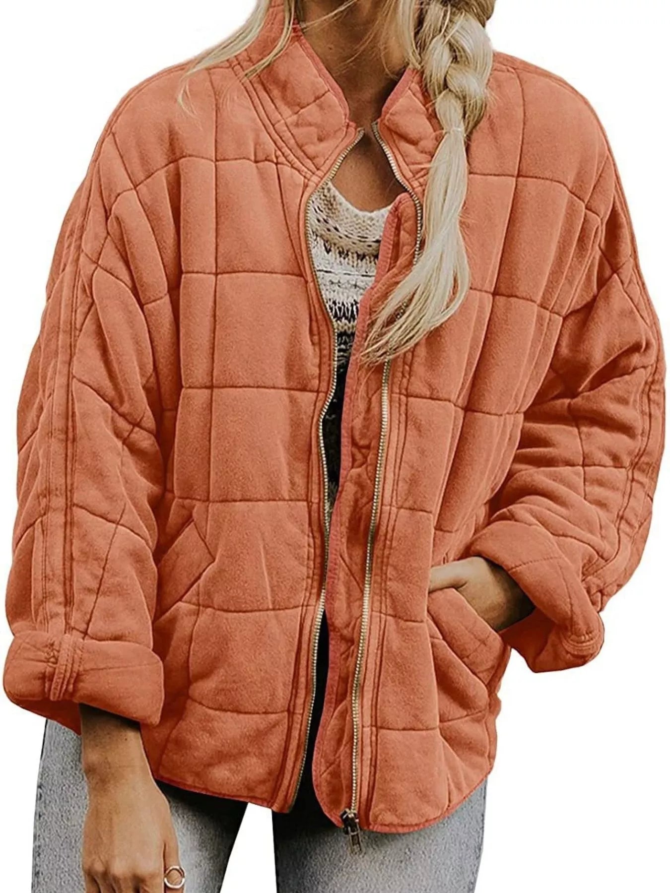 Sarah Express Women's Quilted Zip Up Jacket Orange