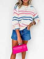 Sarah Express Women's Stripe Eyelet Patterned Drop Shoulder Sweater