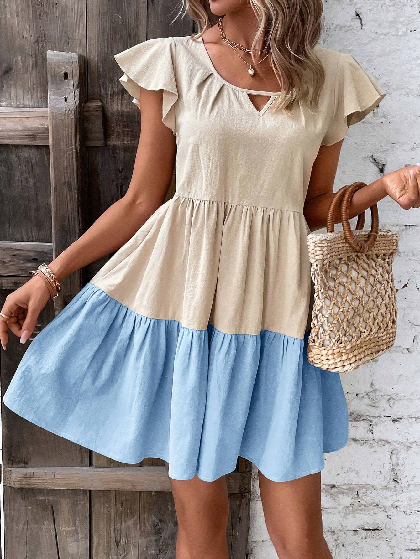 Sarah Express Women's Colorblock Smock Dress Keyhole Neckline Ruffle Hem Short Sleeve A-Line