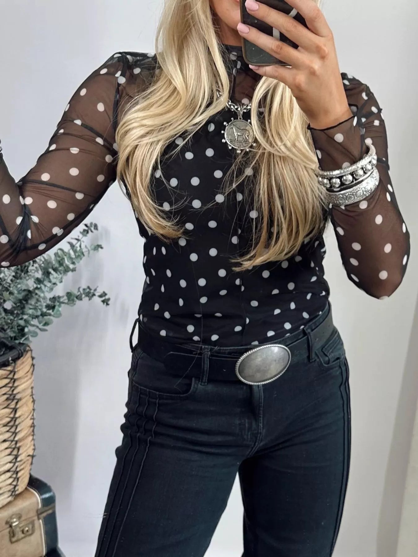 Sarah Express Polka Dot Mesh Long Sleeve Bodycon Top - Mock Neck Sheer Blouse