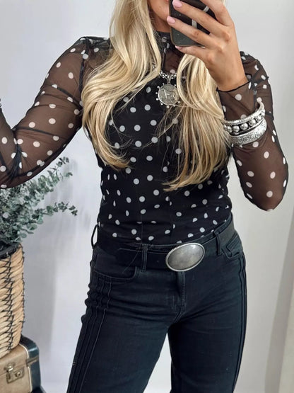 Sarah Express Polka Dot Mesh Long Sleeve Bodycon Top - Mock Neck Sheer Blouse