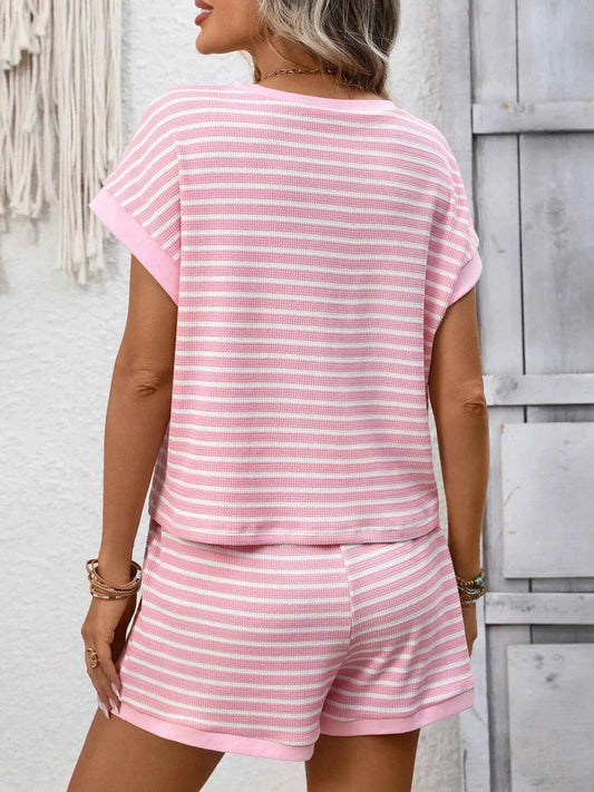 Sarah Express Women's Striped Round Neck Top and Shorts Set - Casual Two Piece Outfit