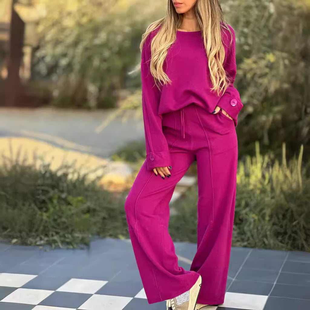 Sarah Express Women's Two-Piece Matching Set Long Sleeve Top Wide Leg Pants