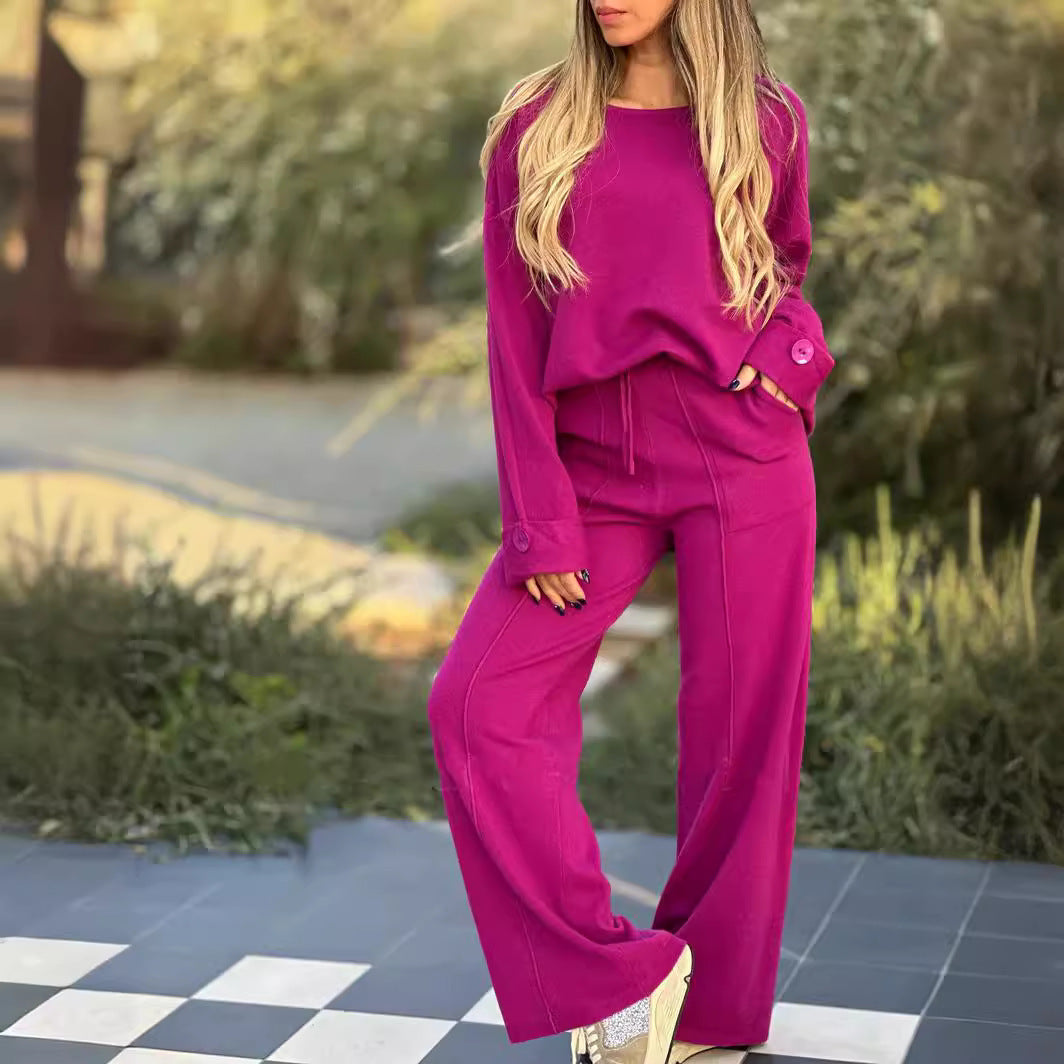 Sarah Express Women's Two-Piece Matching Set Long Sleeve Top Wide Leg Pants