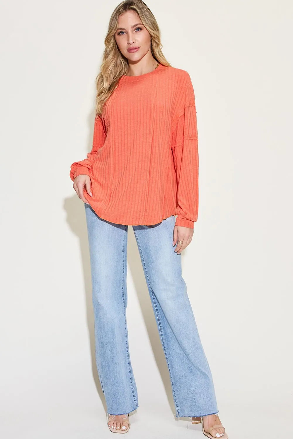 Sarah Express Women’s Plus Size Ribbed Long Sleeve T-Shirt with Exposed Seam

