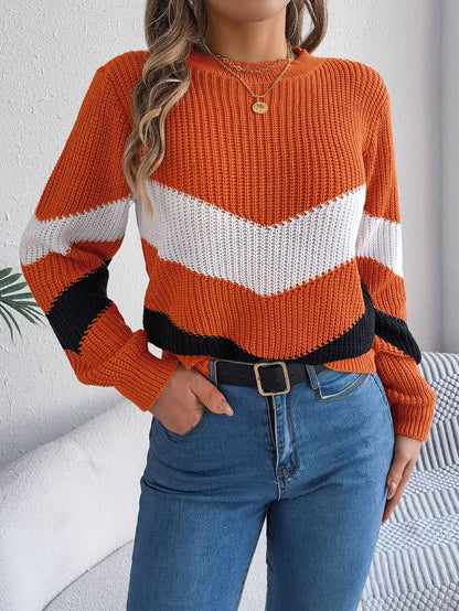 Sarah Express Women's Color Block Lantern Sleeve Pullover Sweater - Casual Knitwear Orange