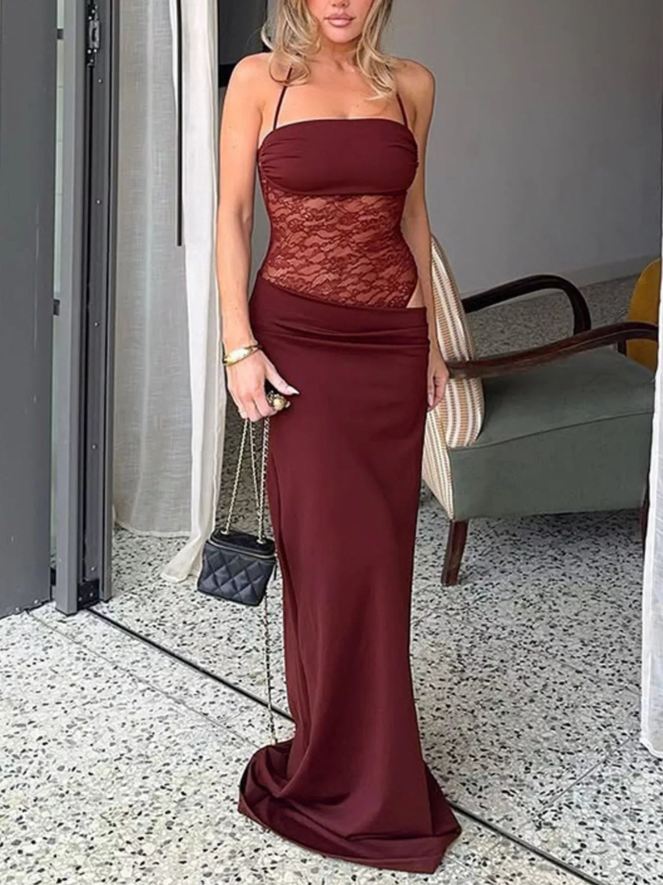 Sarah Express Women's Lace Cutout Tie Shoulder Maxi Dress