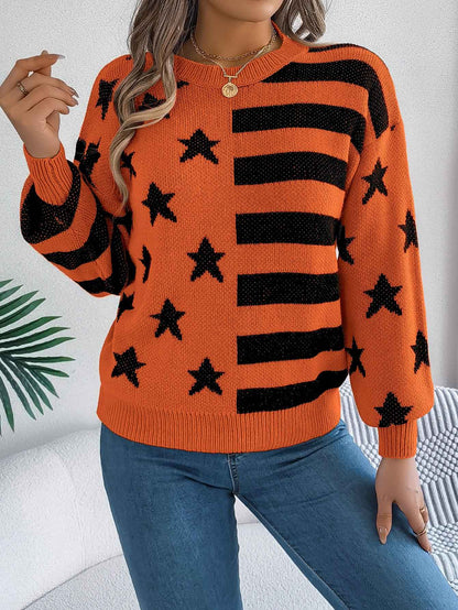 Sarah Express Women Casual Star Stripe Lantern Sleeve Long Sleeve Pullover Sweater