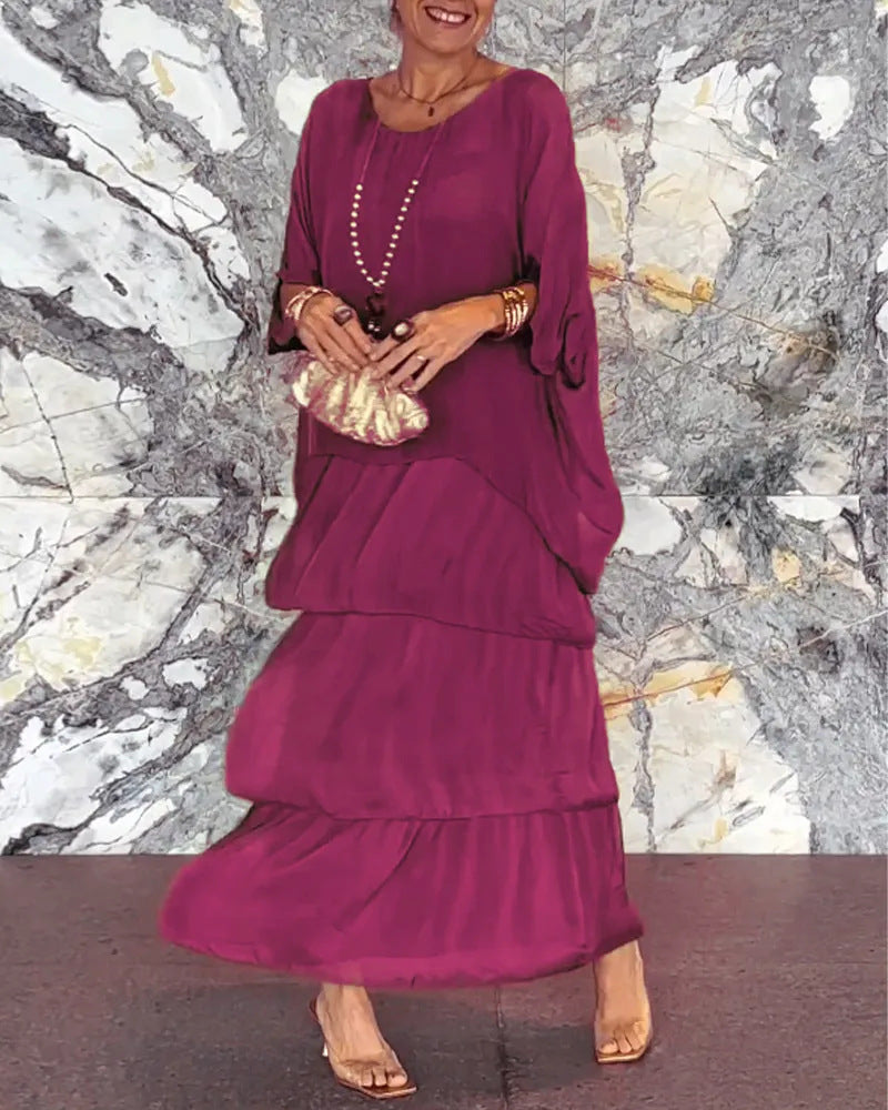 Sarah Express Women's Batwing Sleeve Midi Dress Crew Neck Chiffon Elegant