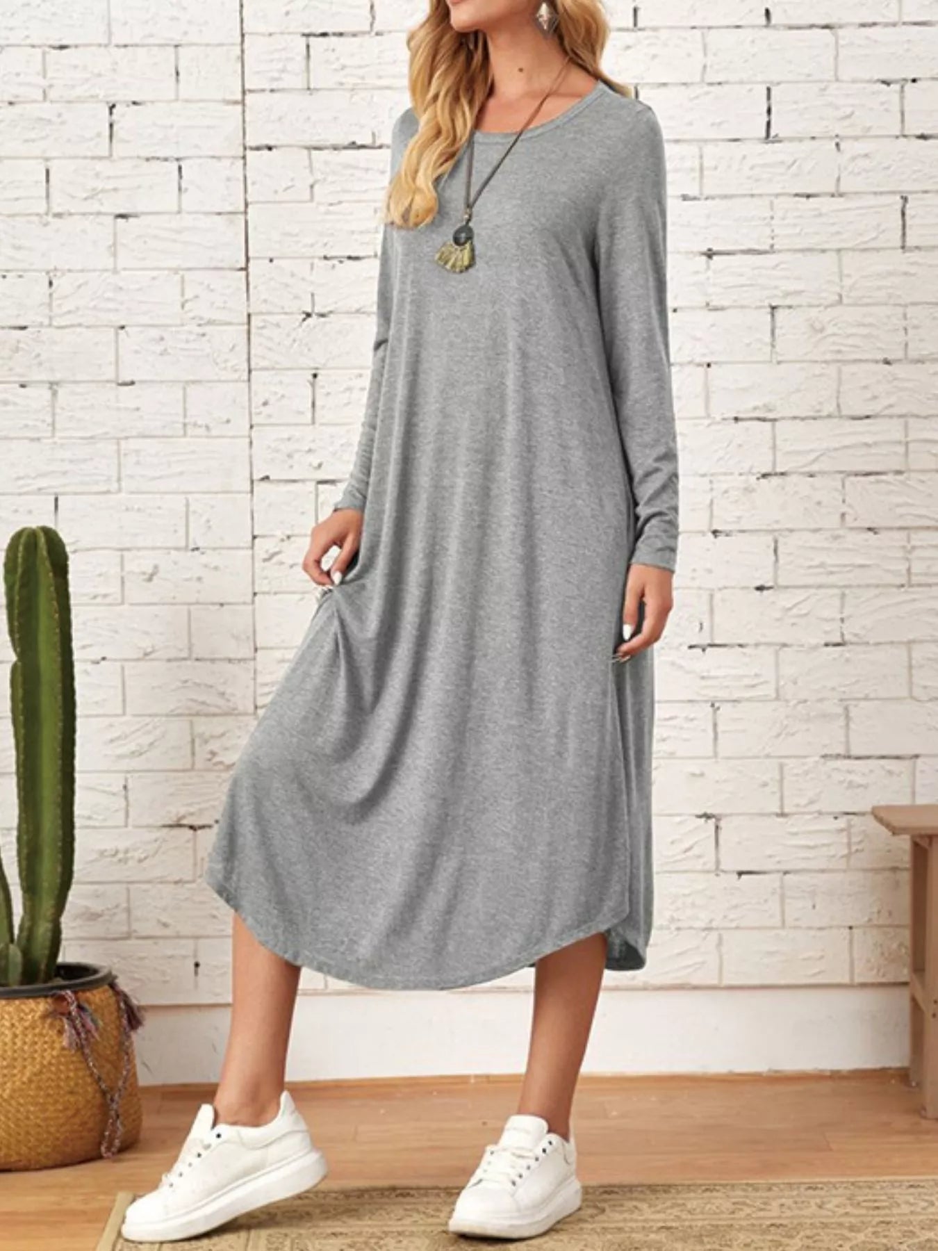 Sarah Express Women's Casual Long Sleeve Pocket Midi Dress