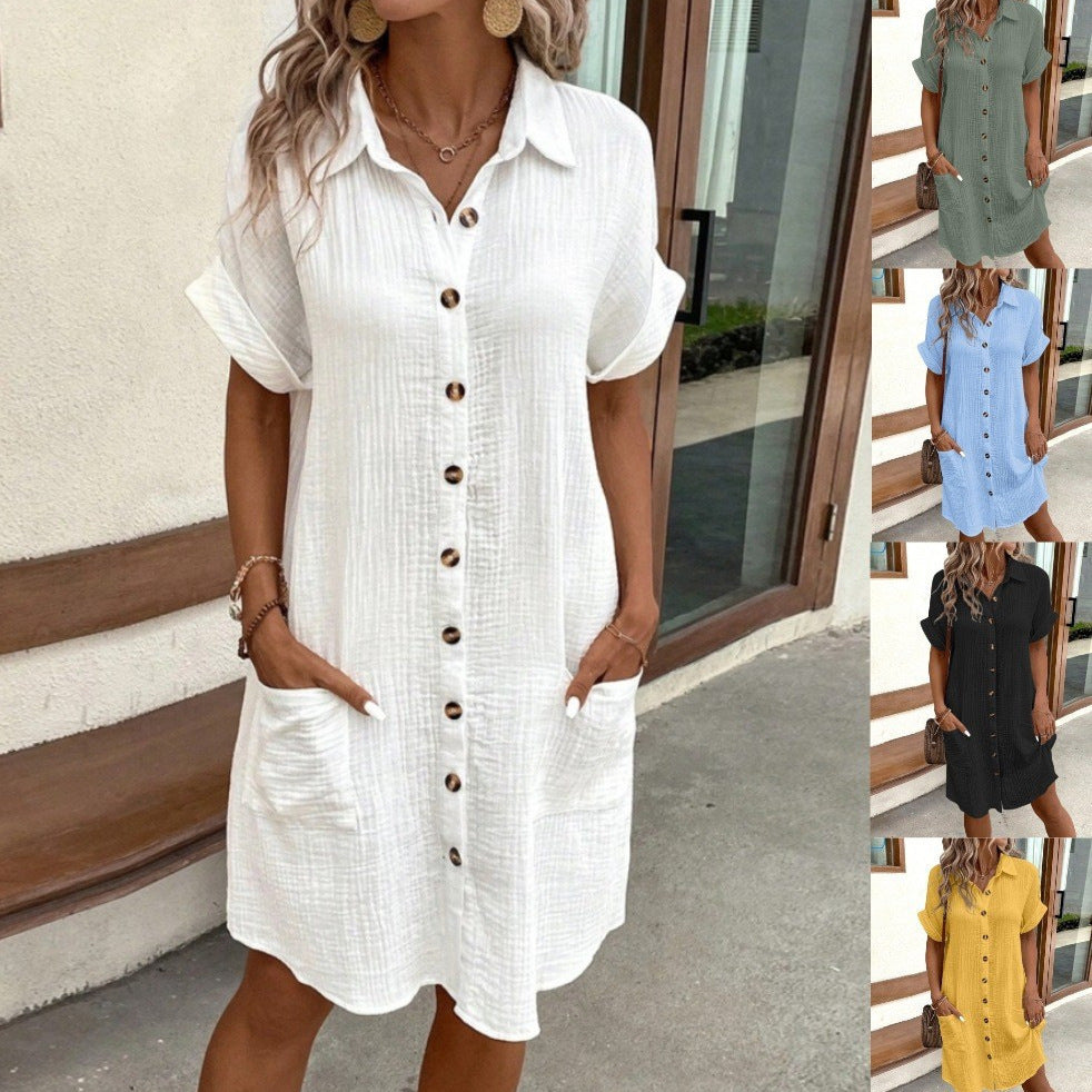 Sarah Express V-Neck Button Front Shirt Dress - A-Line Short Sleeve Women's Dress