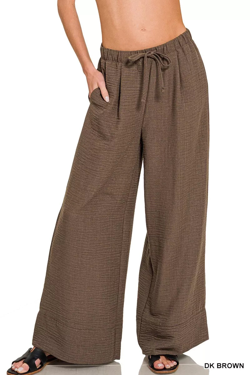 Sarah Express Women's Woven Airflow Drawstring Pants DK BROWN