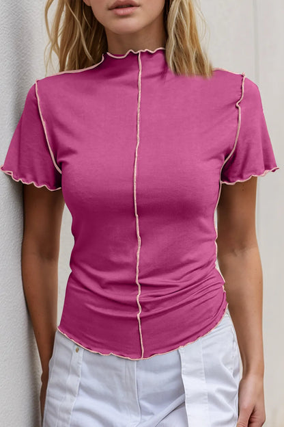 Sarah Express Women's Contrast Trim Mock Neck Short Sleeve T-Shirt Hot Pink