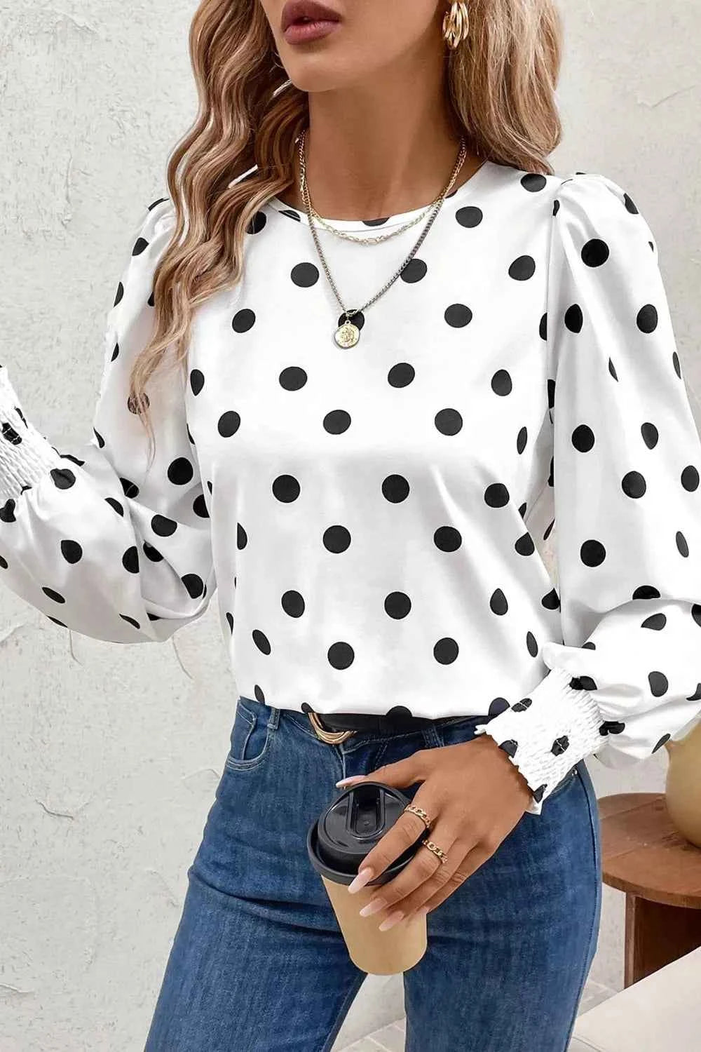 Sarah Express Women's Polka Dot Blouse - Long Sleeve Frilled Round Neck Top