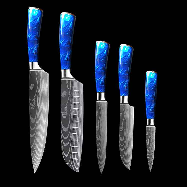 Sarah Express Professional 8-Inch Chef Knife with Blue Resin Handle - Premium Stainless Steel Kitchen Knife Blue 5piece setB