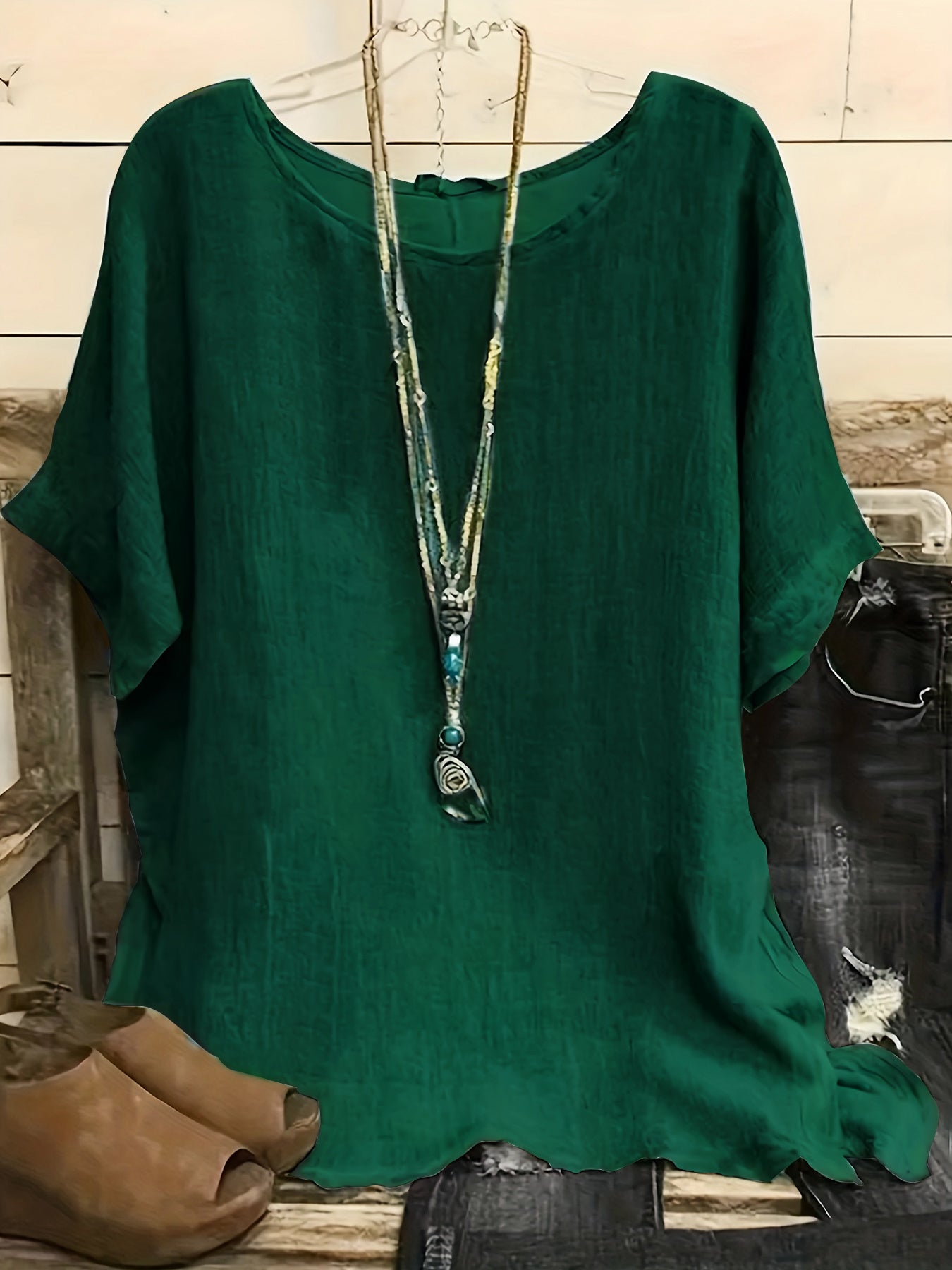 Sarah Express Women's Cotton Blend Round Neck Blouse 3/4 Sleeve Loose Fit Top