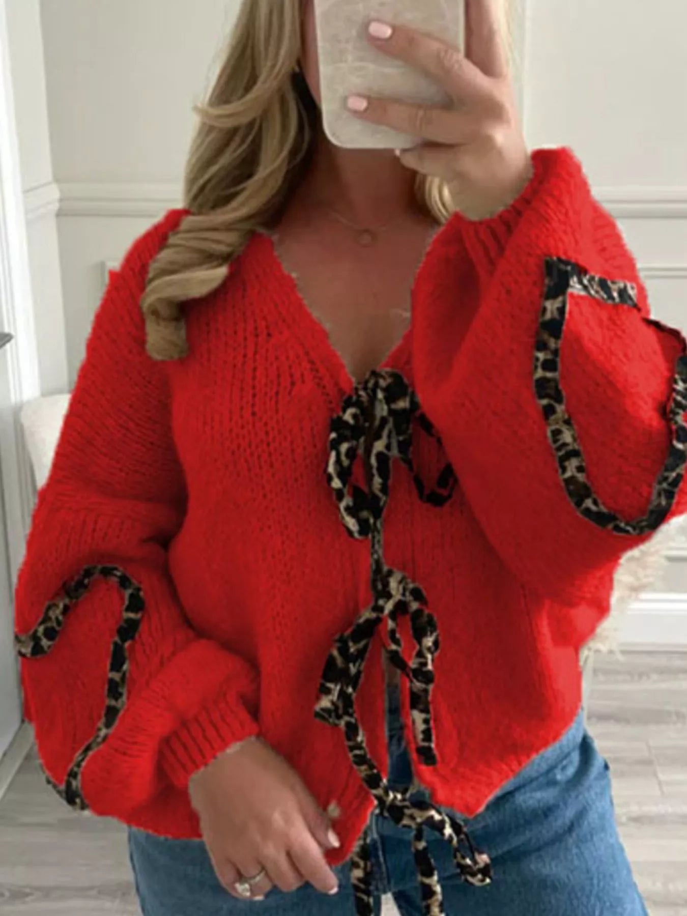 Sarah Express Women's Tie Front Long Sleeve Sweater Red