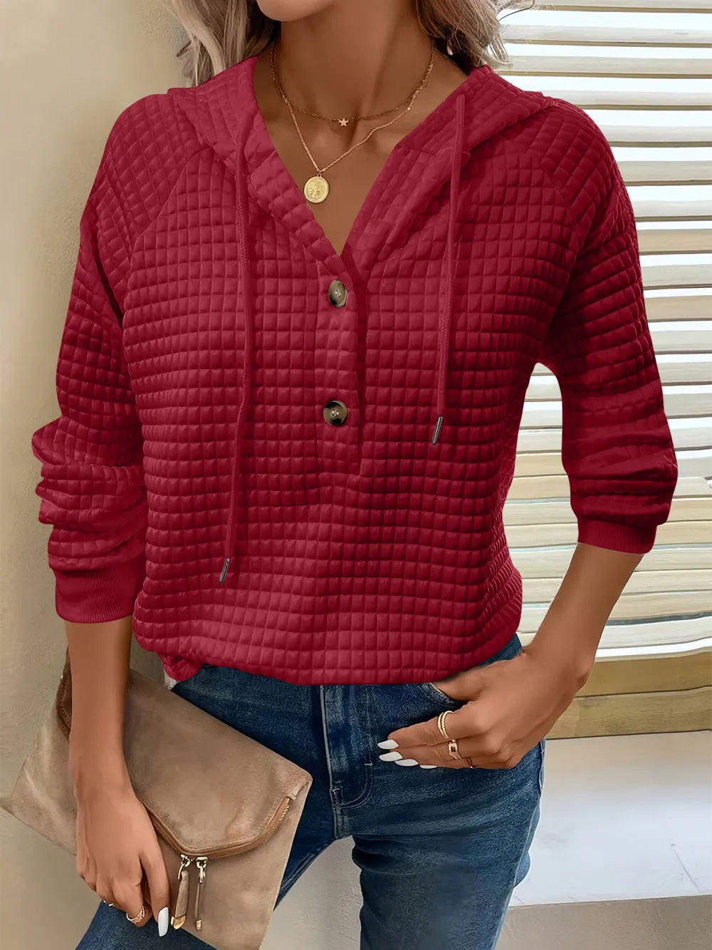 Sarah Express Women's Textured Button Detail Drawstring Long Sleeve Hoodie Rust