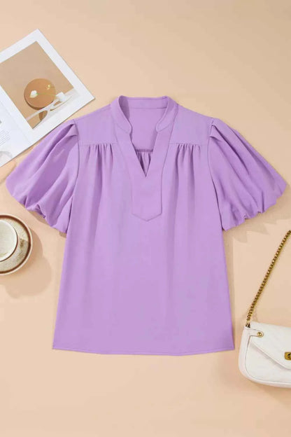 Sarah Express Women's V-Neck Puff Sleeve Blouse - Summer Fashion Top