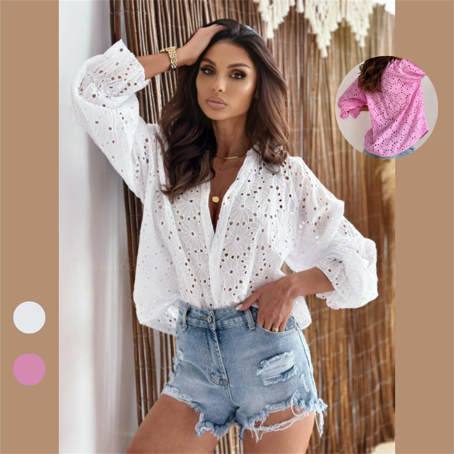 Sarah Express Women's Cotton Hollow Out Lantern Sleeve Shirt Casual Long Sleeve Blouse