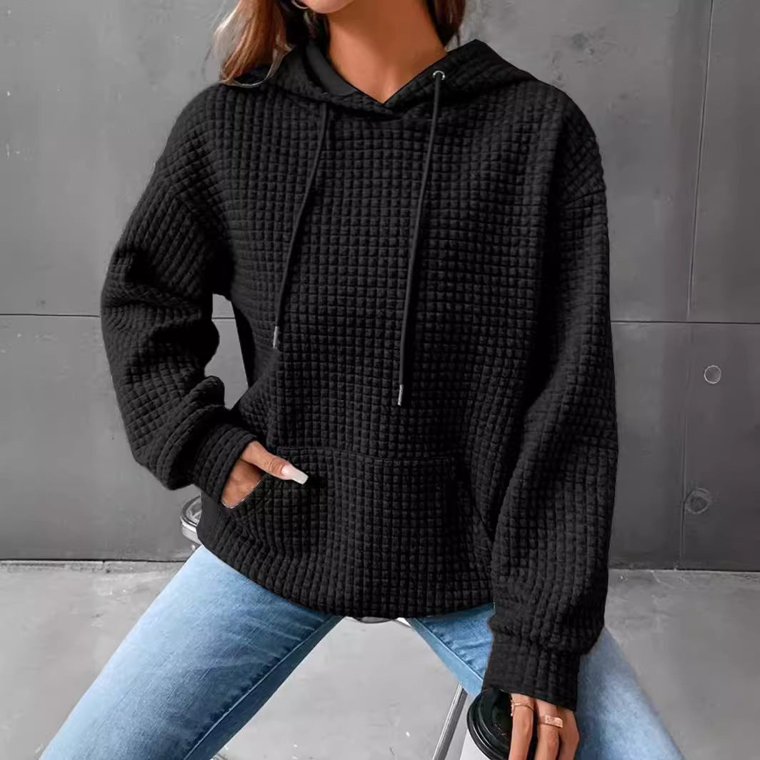 Sarah Express Women's Solid Color Hoodie Long Sleeve Plaid Pocket Pullover Sweatshirt Casual