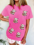 Sarah Express Women's Santa Claus Deliver Gifts Sequin Short Sleeve Tee Fuchsia Pink