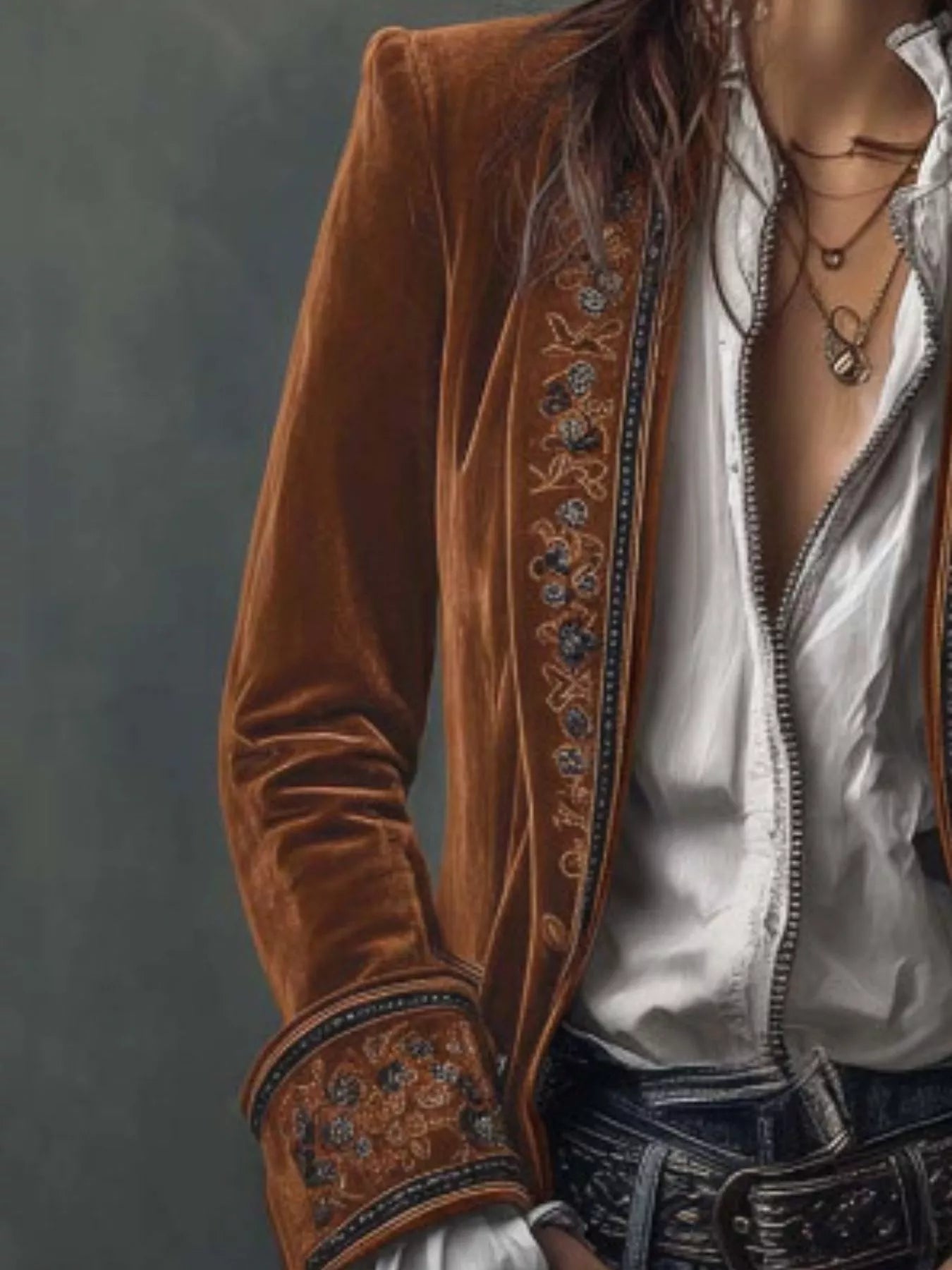 Sarah Express Women's Embroidered Velvet Jacket - Long Sleeve Outerwear