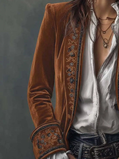 Sarah Express Women's Embroidered Velvet Jacket - Long Sleeve Outerwear