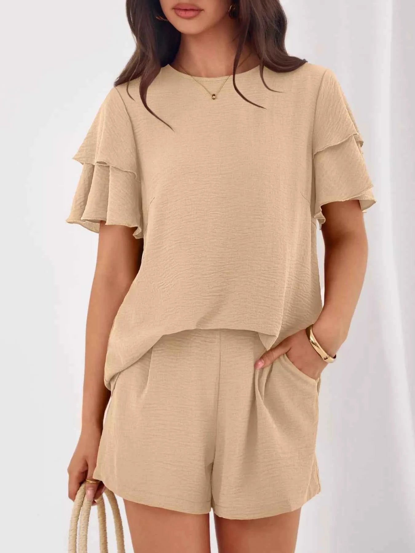 Sarah Express Women's Ruffle Sleeve Top and Shorts Two-Piece Set - Casual Summer Outfit