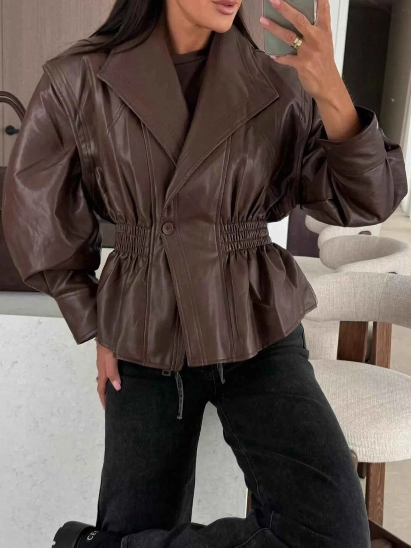 Sarah Express Women's Peplum Waist Faux Leather Jacket - Ruched Button Front Moto Jacket Brown