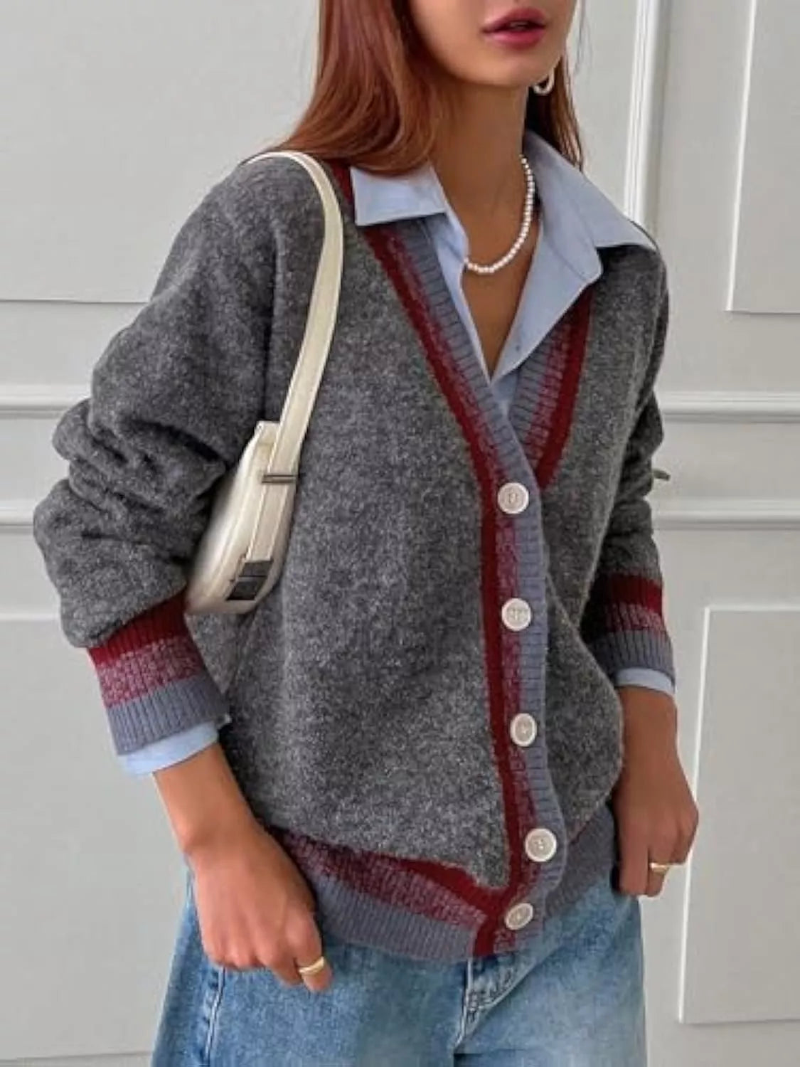 Sarah Express Women's Striped Trim Button-Up Knit Cardigan