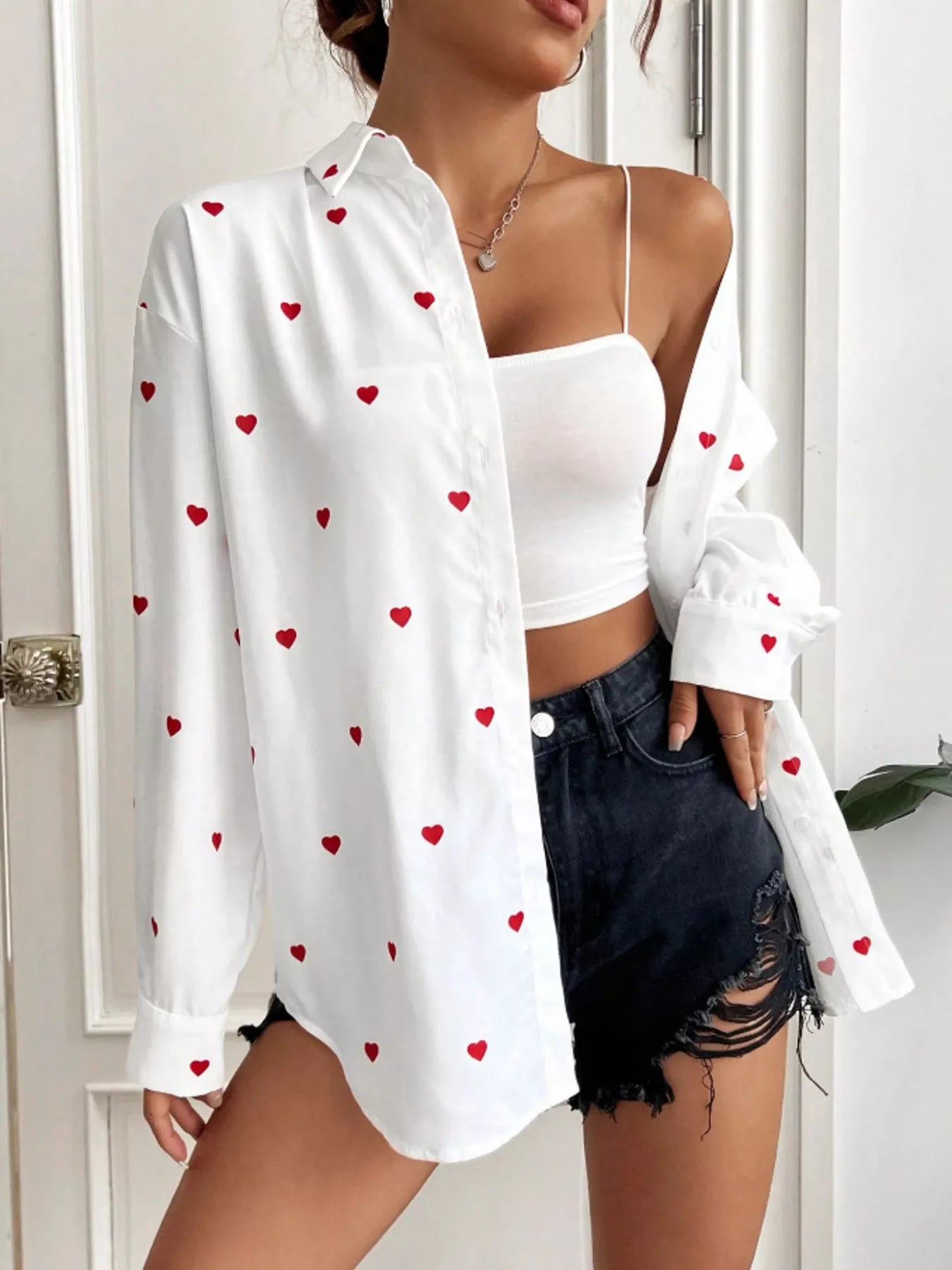 Sarah Express Women's Heart Button Up Oversized Shirt
